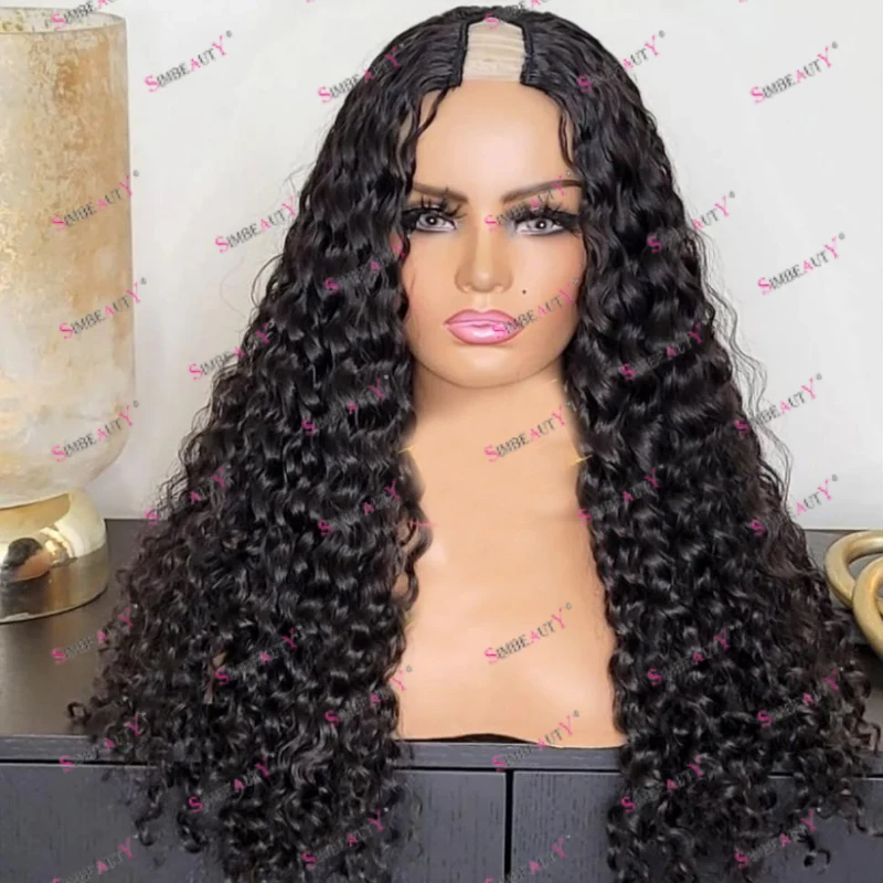 Natural Water Curly Human Hair 1x4 Size U Shaped Wigs for Black Women Peruvian Glueless Kinky Curly Afro Opening V Part Wigs