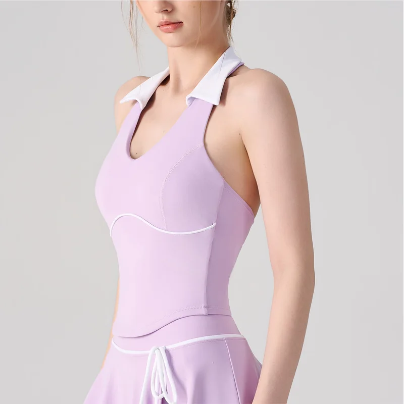 Women Halter Sports Vest Color Block Beautiful Back Fixed Cup Sports Bra Casual Outerwear Yoga Top for Badminton Tennis Fitness