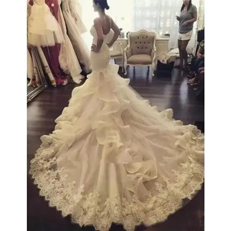 Customized Stunning Lace Appliqued Puffy Mermaid Wedding Dress Tiered Ruffles Skirt Vestido De Novia Bridal Gown
