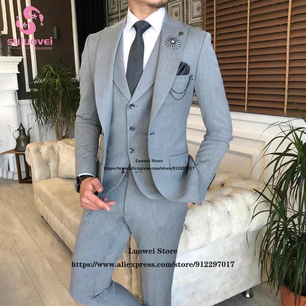 

Fashion Casual Slim Fit Suit For Men 3 Piece Jacket Vest Pants Set Male Business Blazer Formal Groom Wedding Pealed Lapel Tuxedo