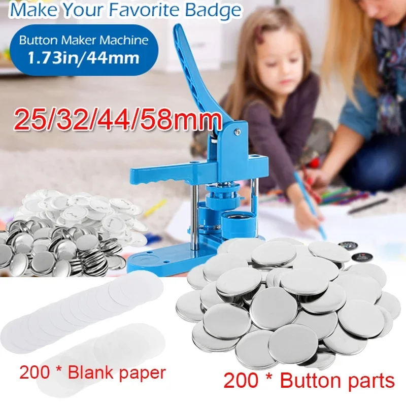 Button Badge Maker Machine Set 25mm 32mm 37mm 44mm 58mm DIY Pin Button Maker Press Machine Badge Punch with 200pcs Button Parts