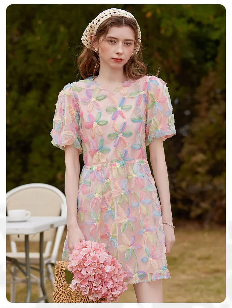 Women's Floral Summer Dress - Puff Sleeves and Bow Tie