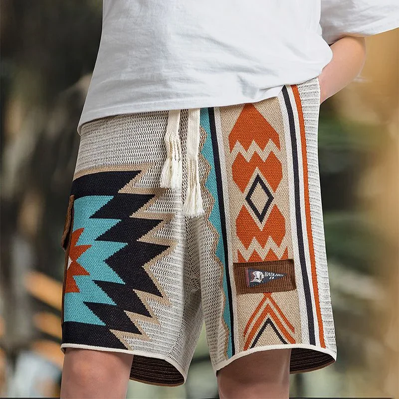 

American Retro Ethnic Style Knitted Shorts Geometric Contrast Pattern Embroidered Beach Short Pants for Men's Summer Vacation