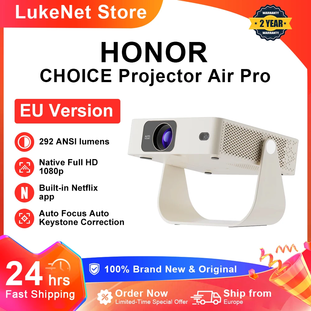 HONOR CHOICE Projektor Air Pro Tragbarer Projektor mit integriertem Netflix, 292 ANSI Lumen, nativer 1080P FHD, Autofokus & automatische Trapezkorrektur, Wi-Fi 6, 180° ° Drehbare Halterung 0,55 kg