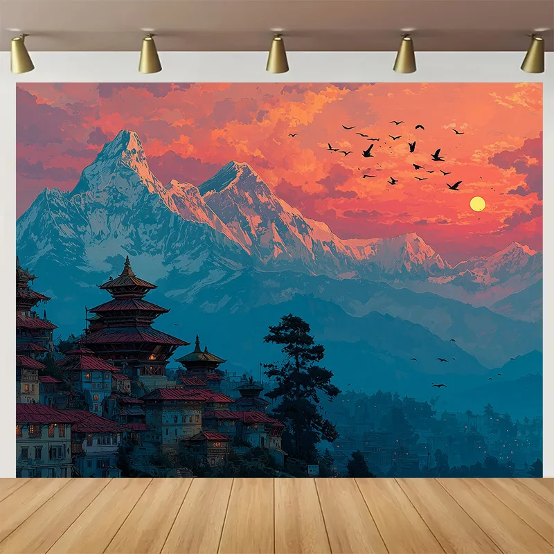 2D-Flugzeug, 1-teiliges Polyester-Banner mit nepalesischer Landschaft – Fotohintergrund mit schneebedeckten Bergen und alten Tempel