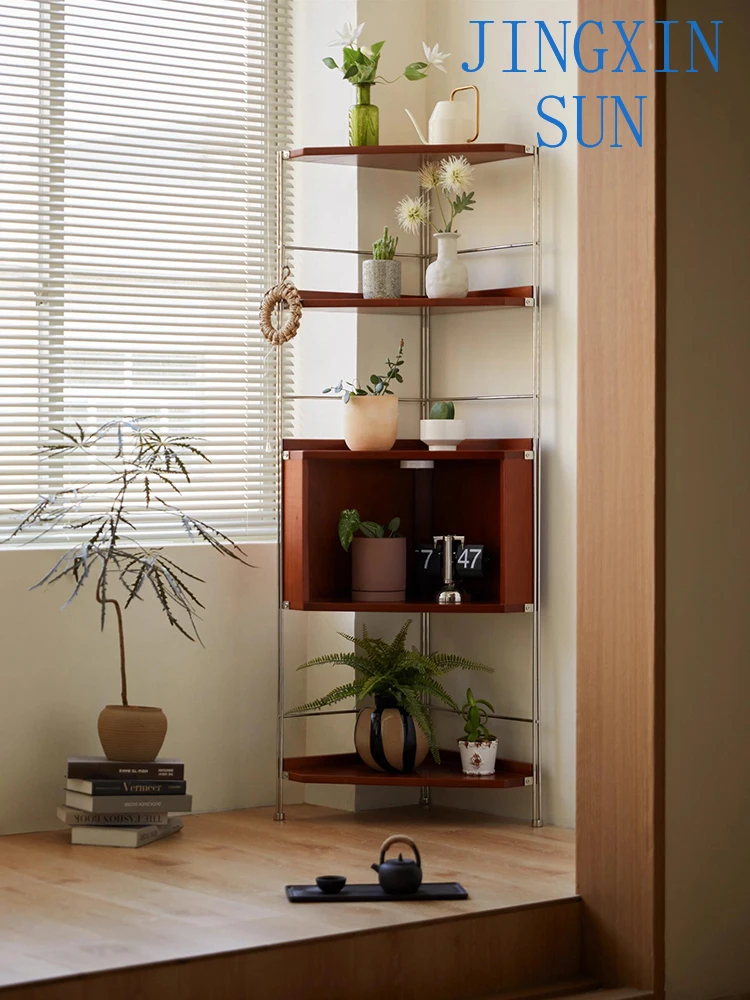 Medieval solid wood multi-layer corner rack floor-to-ceiling retro triangular corner storage cabinet bookcase locker