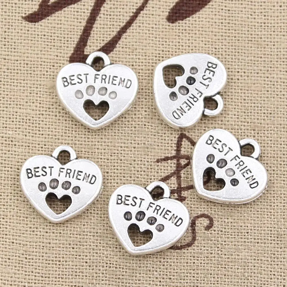 15pcs Charms Heart Best Friend 14x15mm Antique Bronze Silver Color Pendants Making DIY Handmade Tibetan Bronze Jewelry