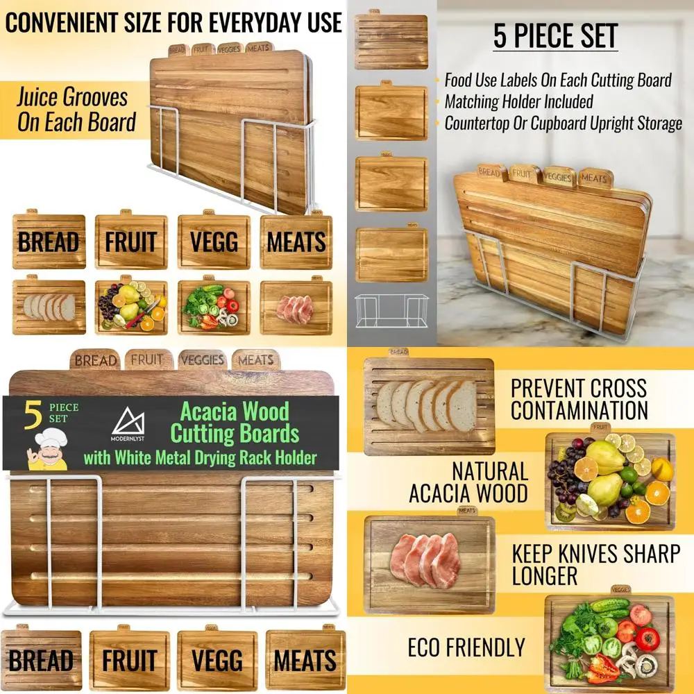 

Acacia 13 x 11 Large Wood Cutting Board Set with White Holder | Kitchen Cutting Boards with Black Stand