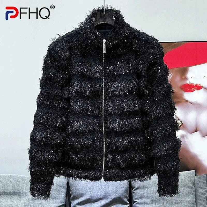 PFHQ 2024 Autumn Winter New Fashion Tassel Silk Design Men's Coat Casual Cotton Thickened Solid Color Male Tops 21Z7249