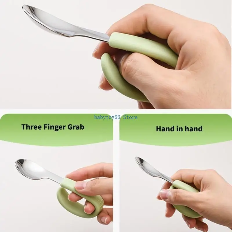 Y4UD طقم ملعقة وشوكة للتغذية للأطفال مصنوع من الفولاذ المقاوم للصدأ ومقبض سيليكون لطيف وقبضة مريحة لتعزيز سهولة التغذية #4