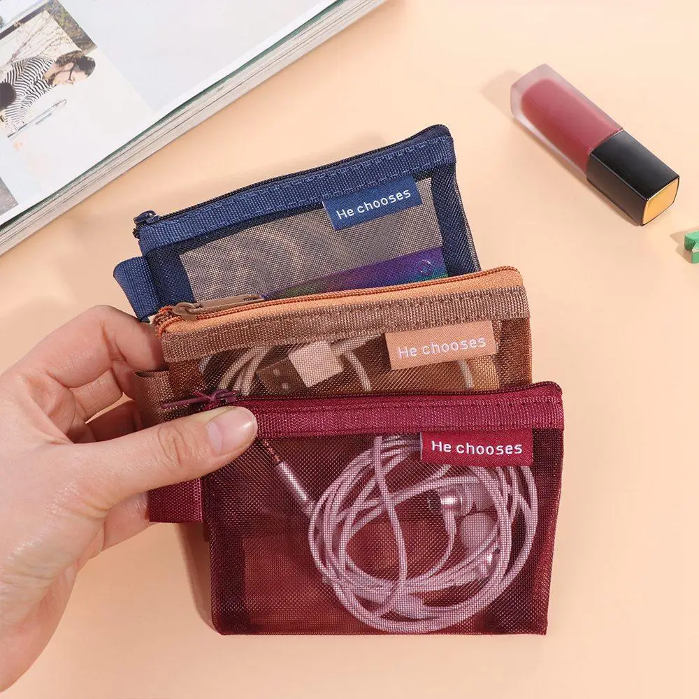 Change Storage Bag Mesh Coin Bags Coin Money Bags Lipstick Cosmetic Bag Mini Coin Purse Data Cable Storage Bag Solid Color