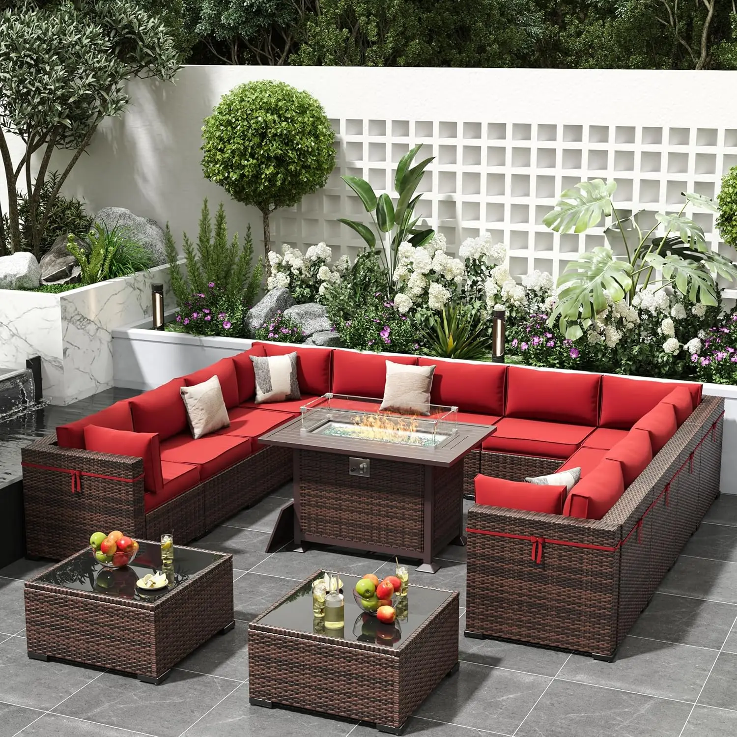 

Outdoor Patio Furniture Set, PE Wicker Pit Sectional Sofa with Cushions, Coffee Tables, All-Weather Covers, Balcony Yard