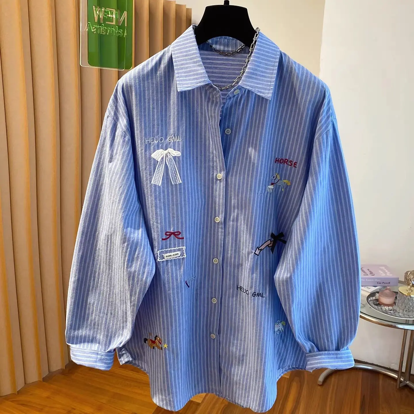 Korean Blue Embroidered Striped Shirt Female 2026New Spring Autumn Coat Ladies Loose Casual Joker Jacket Slim Lapel Women Blouse view 2
