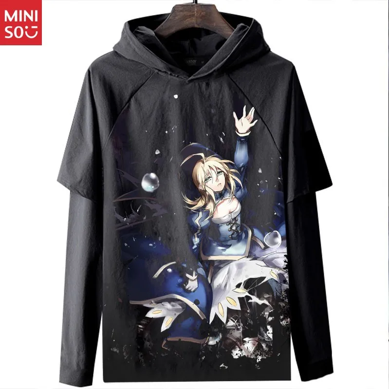 تي شيرت Miniso Fate Stay Night Fate Guard Night Sabre بأكمام طويلة ملابس مطبوعة رقمية ثلاثية الأبعاد