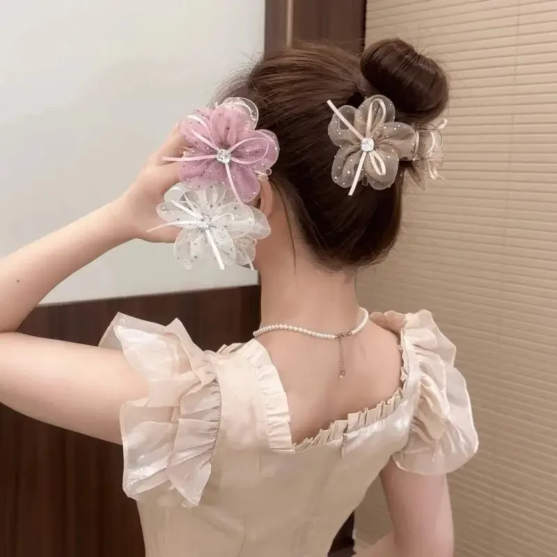 

Elegant Sweet Mesh Flower Hair Claw For Women Bow Hair Grab Clamp Shark Clip Hair Accessories Gift