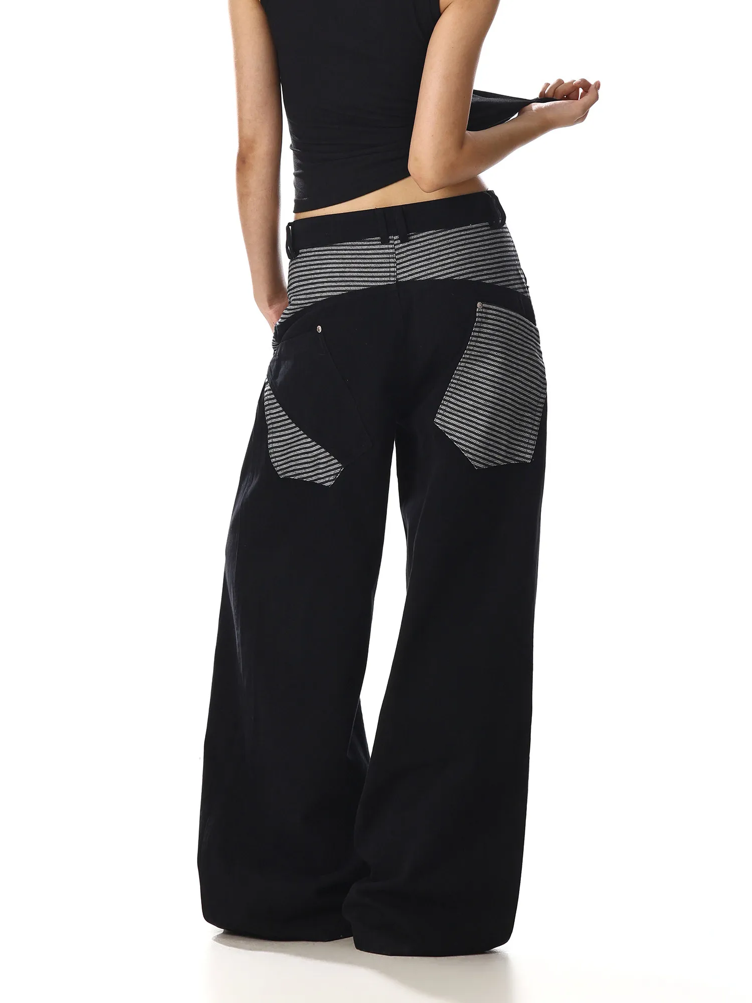 Calça Jeans Retrô Americana Preta com Listras, Perna Larga, Solta, Casual, Unissex, Efeito Emagrecedor, Moderna, Calça Longa ...