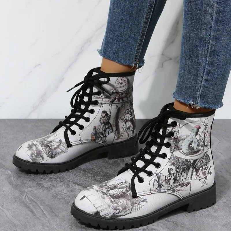 Boots Women\'s 2022 Autumn and Winter Fashion Women\'s Tooling Boots Skull Flower Print High Boots Women\'s Plus Size 35-46