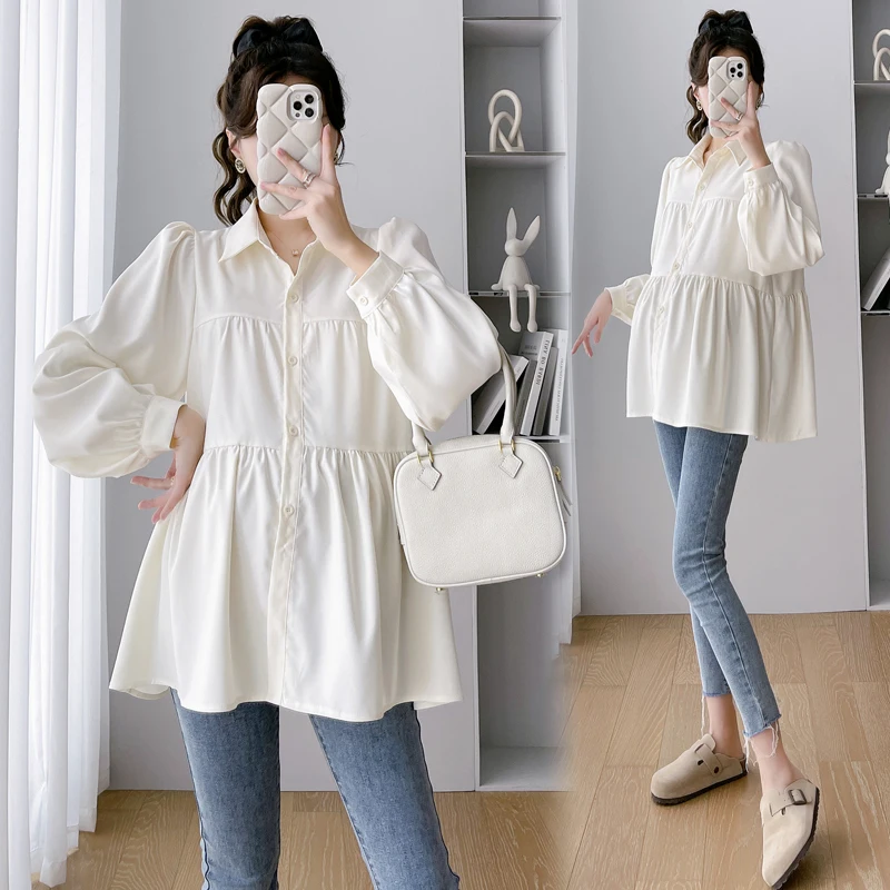 

Korean Style Maternity Formal Shirts Long Sleeve Loose Turn-down Collar Button Fly Pregnant Woman Ball Gown Blouse Pregnancy Top