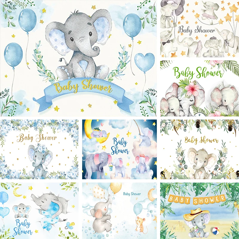 Blue Elephant Backdrop for Baby Shower Decoration Boy 1st Birthday Newborn Party 1 Year Banner Photography Background Photozone