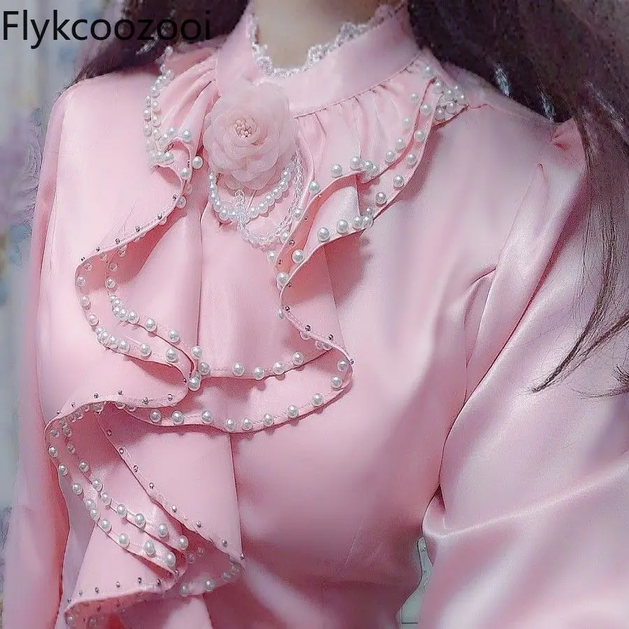 Fashion Design Lotus Leaf Fungus Pearl Collar Flower Shirt Roupas Femininas Com Frete Gratis Blusas De Chifon Elegantes