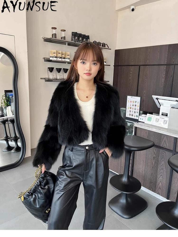 AYUNSUE 2025 Autunno Inverno Giacca di Pelliccia di Volpe Donna Moda Versatile Pelliccia di Volpe Naturale Giubbotti per Le Donne Vestiti Con Scollo A V Abrigo Mujer