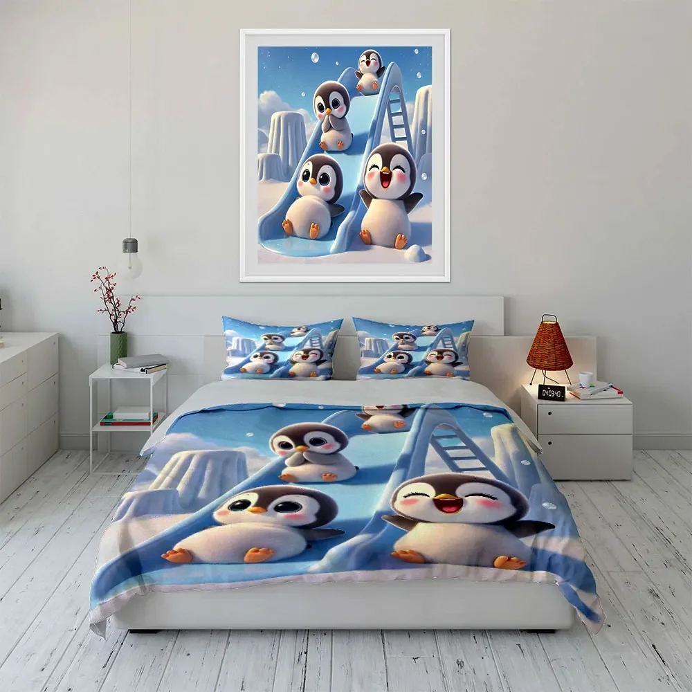 

Cute Penguin Themed Play Set Multiple sizes kid's and adults' bedroom Exquisite 3PC bedding set, gift
