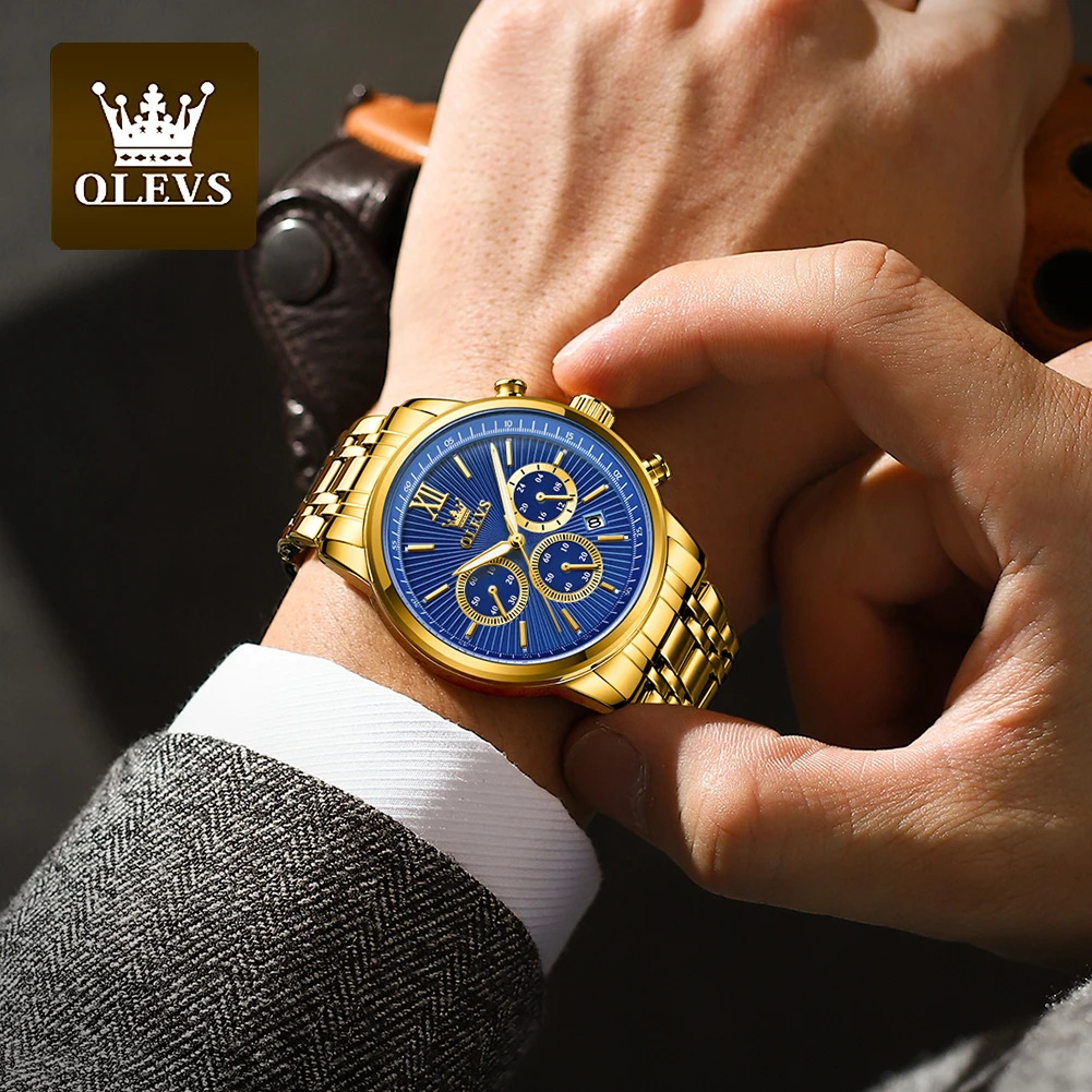 OLEVS 2023 New Gold Watch for Men Stainless Steel Waterproof Chronograph Calendar Man Watch Luxury Top Brand Men\'s Wristwatches