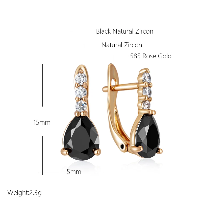 Kinel Hot Shiny Water Drop Black Natural Zircon English Earrings for Women Trendy 585 Rose Gold Color Bride Wedding Fine Jewelry