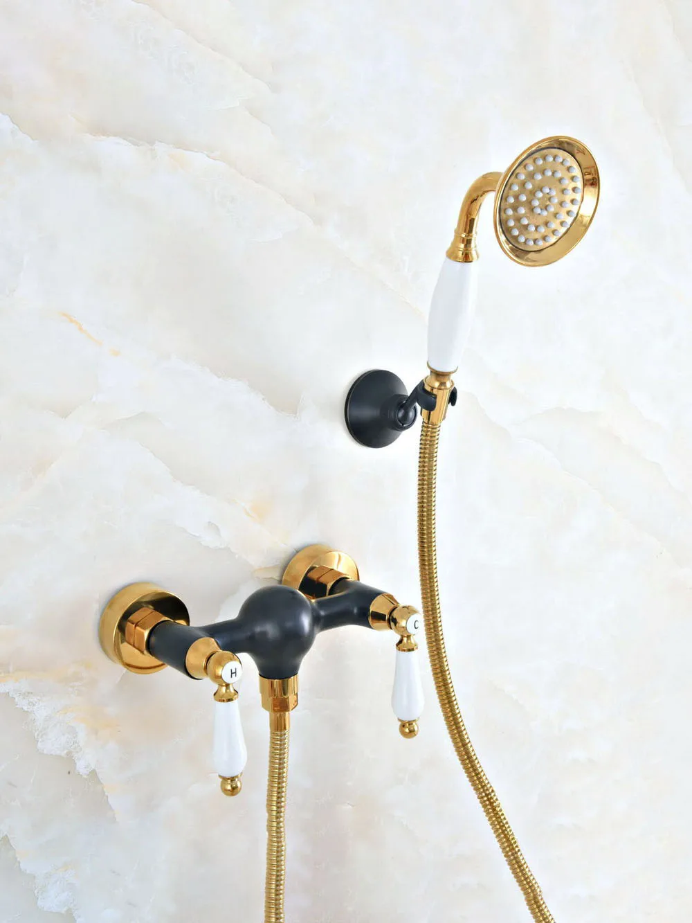 

Black Oil Rubbed & Gold Brass Wall Mounted Bathroom Hand Shower Faucet Set with 1500MM Hose Handheld Spray Head Mixer Tap Dna500