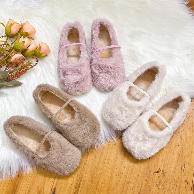 Furry Girls Shoes Soft Sole Comfortable Ballet Flats Elegant Plush Shallow Kids Princess Shoes Versatile Child Mary Janes 여아구두