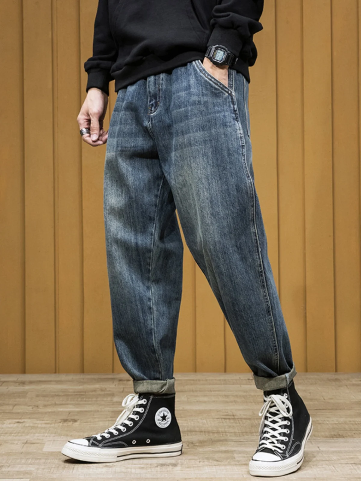 

2024 Men Solid Jeans Wide Leg Straight Loose Full Length Denim Trousers Button Closure Retro Streetwear Men Long Pants Q111