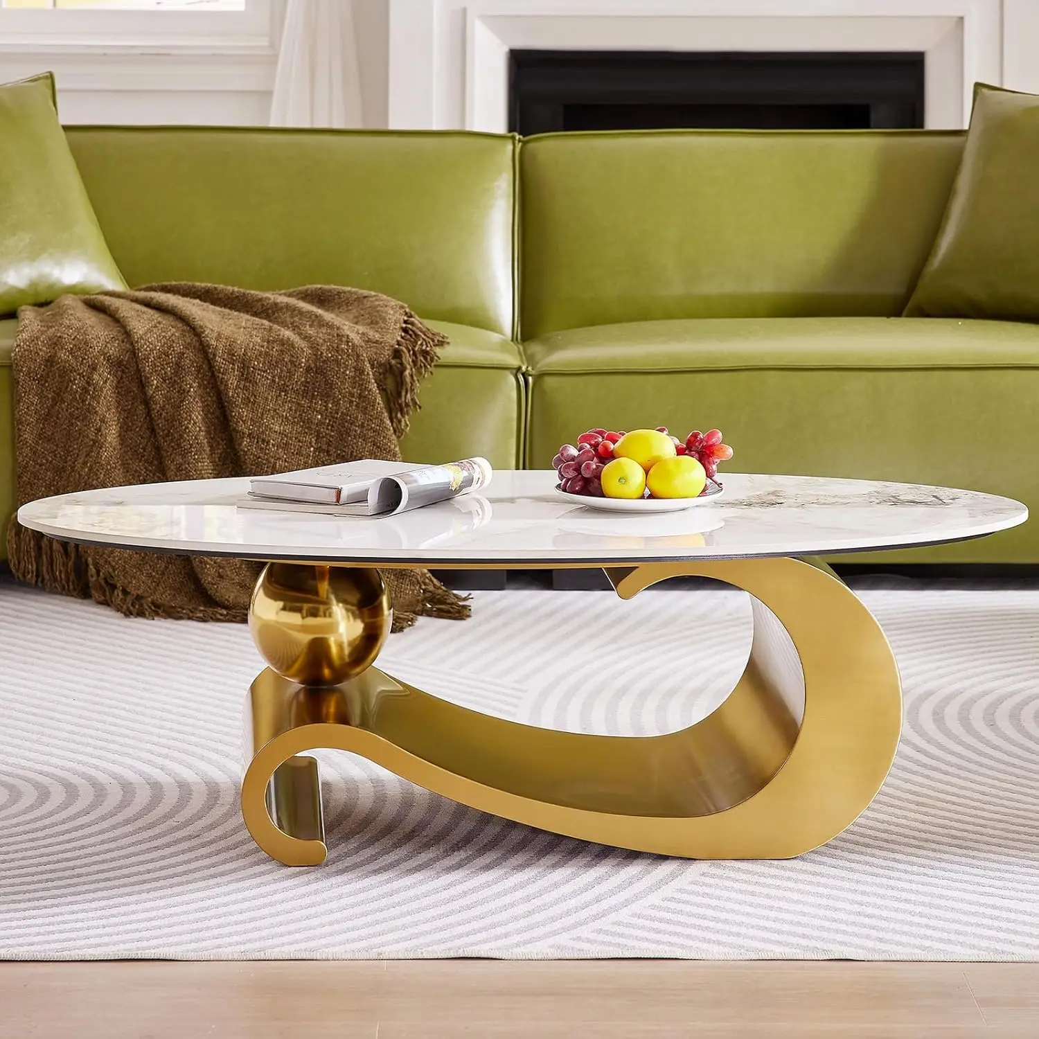 

49.2-Inch Modern Oval Faux Marble Coffee Table with Sturdy Gold Metal Base - Luxury Living Room Furniture for Home, Customized