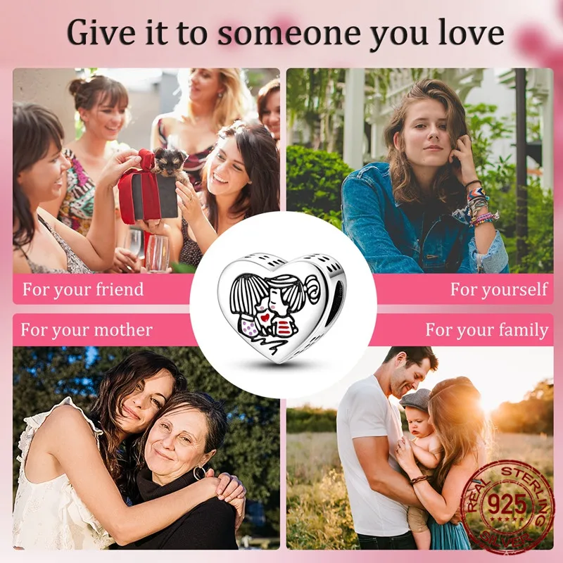 925 Sterling Silver Sister Heart Pendant Bead, paired with an original bracelet, a DIY jewelry gift for women.