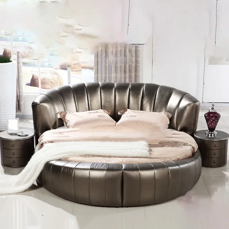 Nordic Style Simple Modern Double Leather Round Bed King Queen Romantic Soft Bed