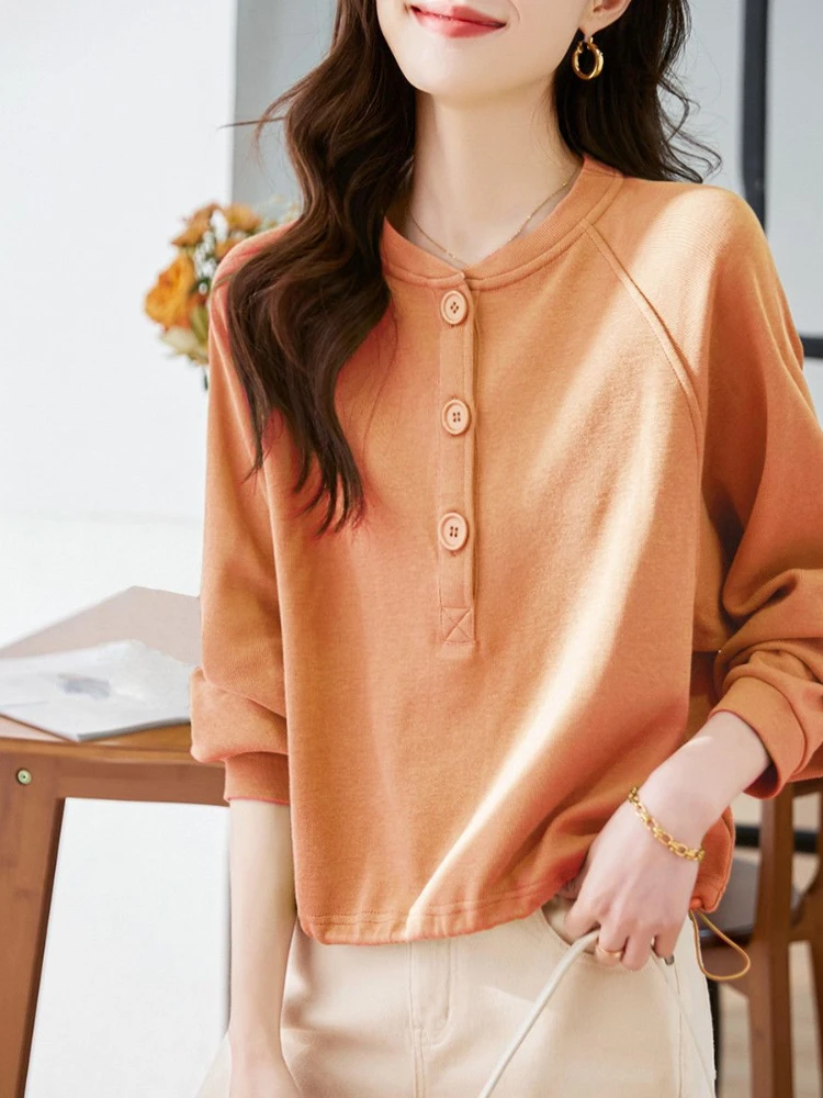 Knopf Frauen Sweatshirt Pullover grün Top lila schlichte Frau Kleidung koreanische Mode Basic auf Förderung ästhetische Anpassung e