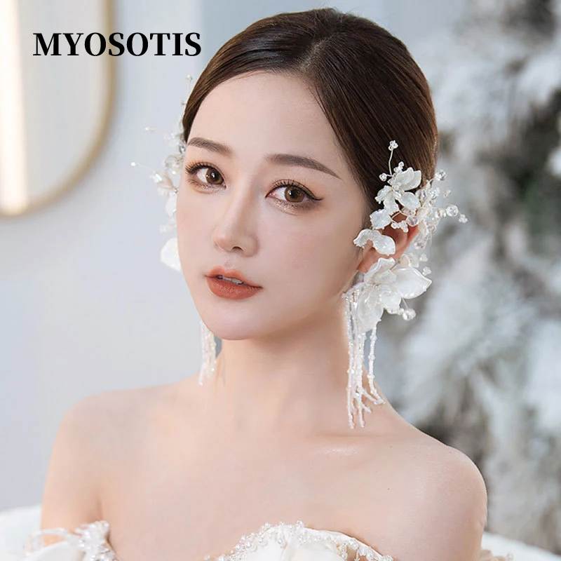 Fashion FLower Crystal Beads Bride Ear Hanging Headdress Flowers Hair Decoration Wedding Hair Accessories