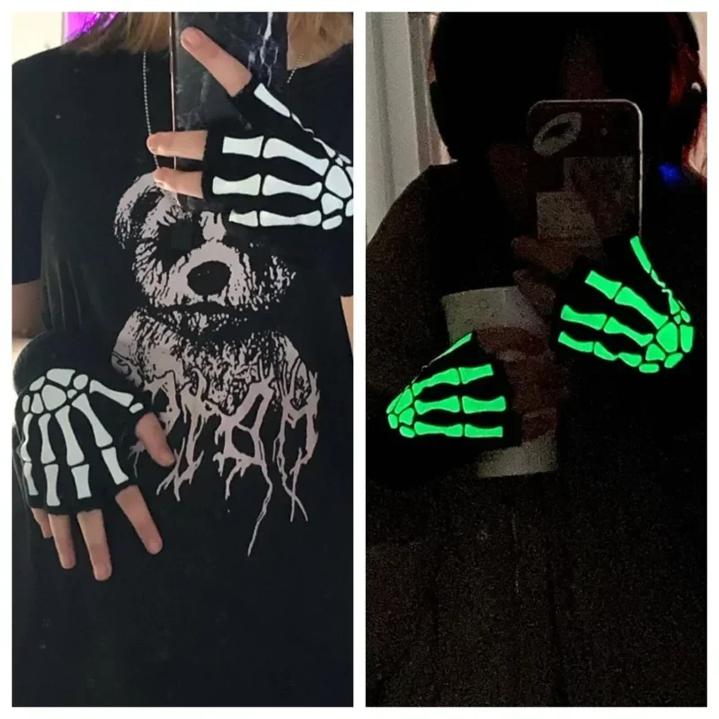 Punkowe rękawiczki Halloweenowe rękawiczki Cosplay Y2k Szkielet Czaszka Półpalczaste rękawiczki świecące w ciemności Rozciągliwe dzianinowe zimowe