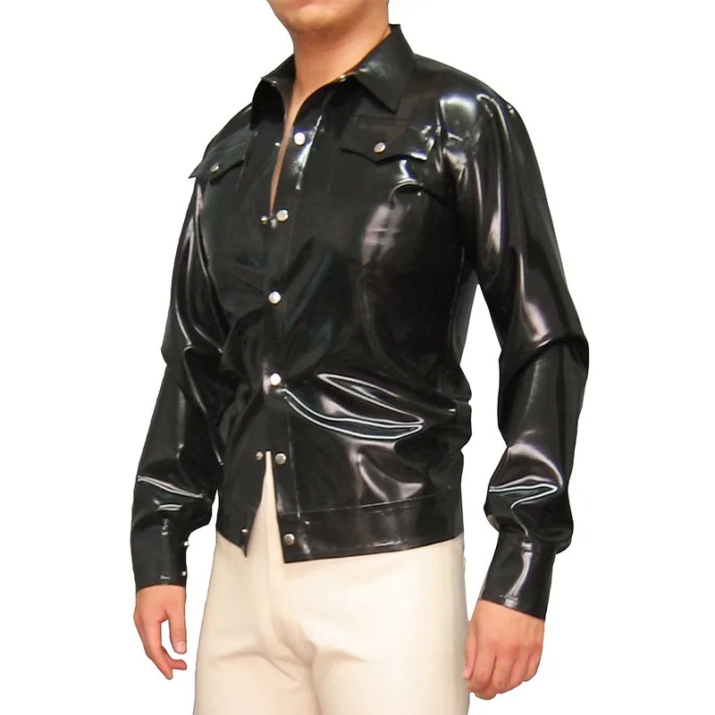 Black Latex Men Shirt  Rubber Fetish T-shirt With Front Bottons Handmade Costumes Jacket S-LSM034