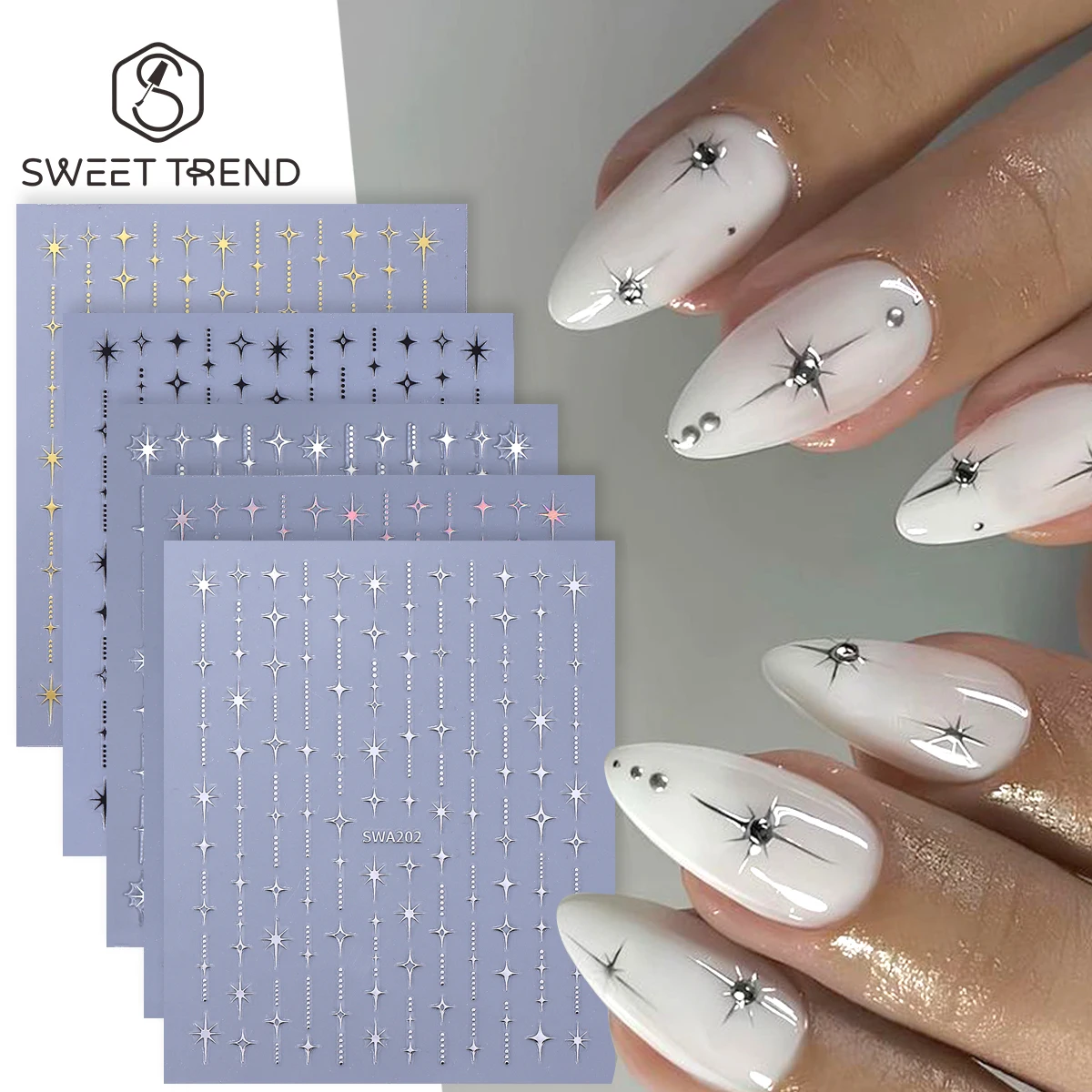 5 peças de Adesivos para Unhas com Efeito Mini Estrela Meteoro, Decalques Holográficos 3D Simples com Sol e Bolinhas, Sliders de Adorno DIY, Folhas para Decoração de Unhas