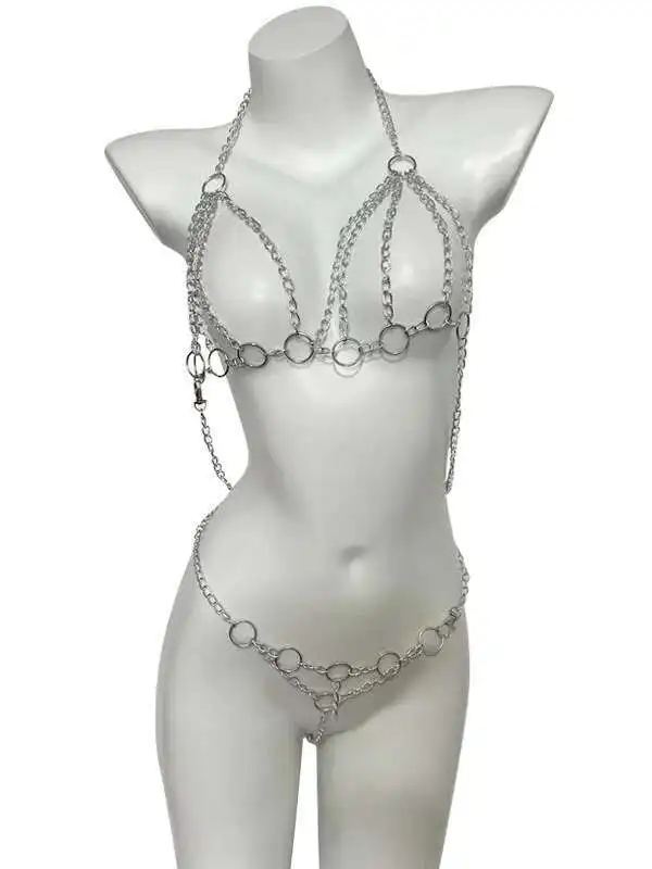 夏のファッションエキゾチックな女性の摩耗新しいぶら下げネックソリッドカラー透視メッシュタイトなチェーン装飾セクシーなエレガントなドレス 68XN