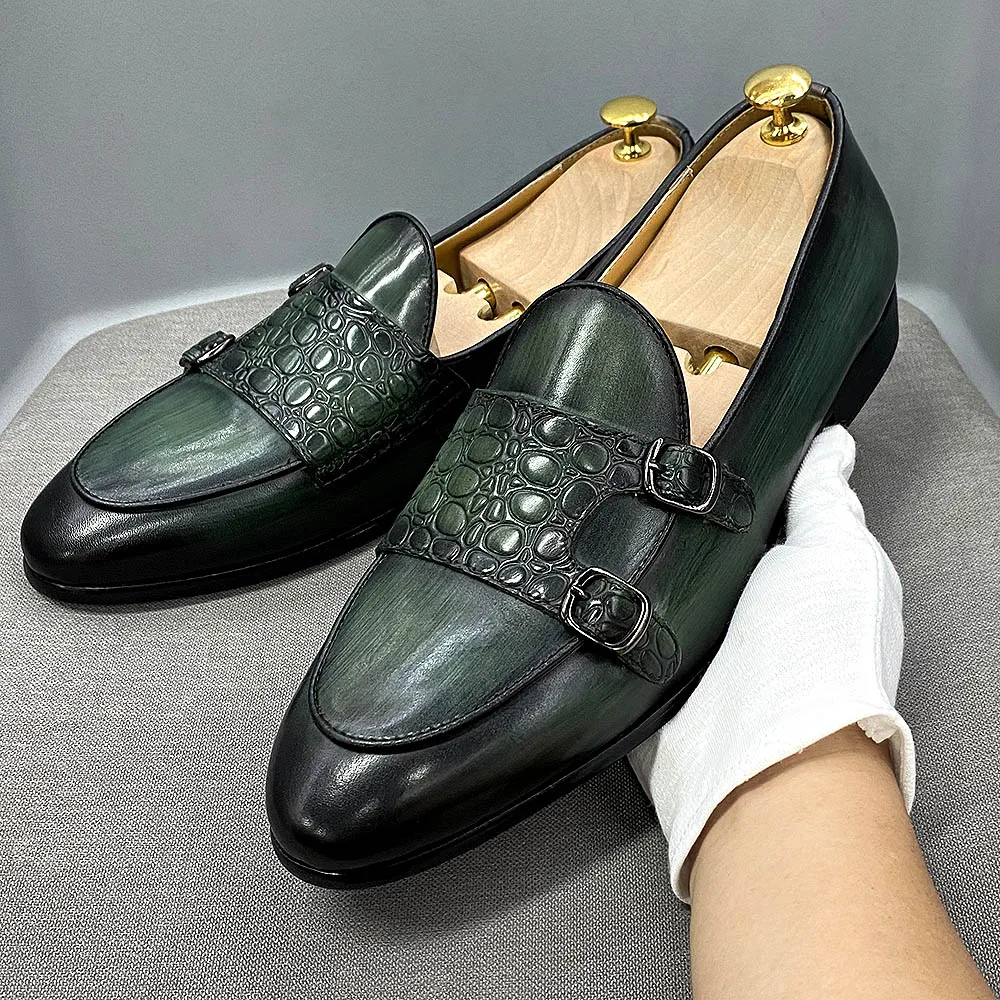 Luxury Mens Dress Shoes Genuine Cow Leather Slip-on Loafer Buckle Monk Strap Casual Business Green Black Wedding Shoes for Men