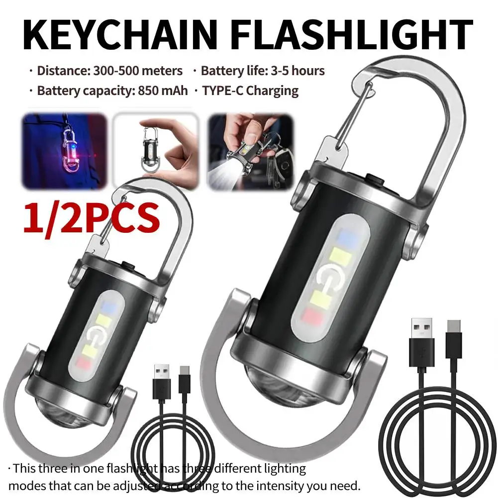 

1/2 Pcs Mini Keychain Flashlight 1200LM Rechargeable Emergencies Warning Light Waterproof Outdoor Camping Keyring Torch 3 Modes