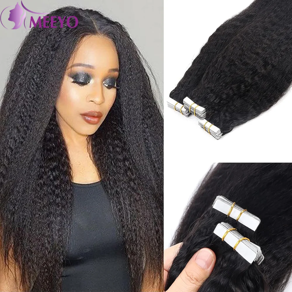 

Tape In Hair Extensions Human Hair Skin Weft Natural Black #1B Kinky Straight 100% Real Human Hair Adhesive Invisible 40Pcs 100G