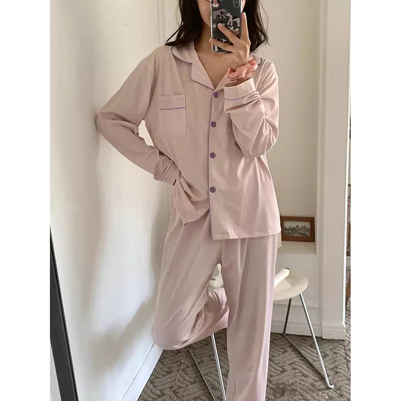 Striped Sleepwear Women Pajama Sets Korean Piiama Pocket Night Wears Autumn Pants Sets 2 Pieces Button Long Sleeve Home Suit New