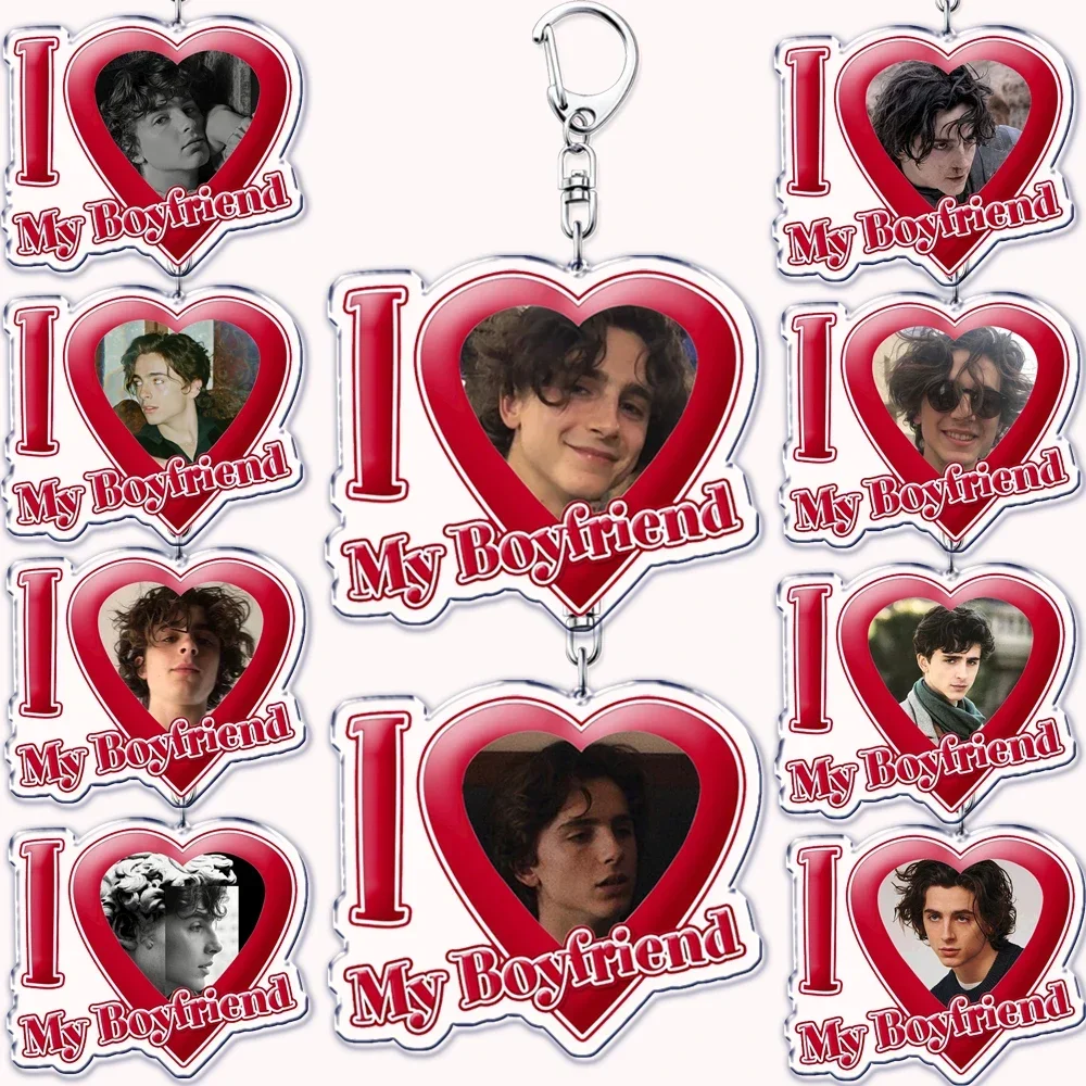 Popular Star Timothee Chalamet Keychains I Love My Boyfriend Red Heart Key Chain Jewelry Keyrings Fans Gifts for Accessories Bag