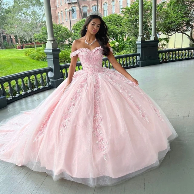 Rosa Princesa Querida Quinceanera Vestidos Fora Do Ombro Rendas Apliques Vestido De Baile Doce 16 Vestidos De 15 Anos Vestidos Para Debutantes