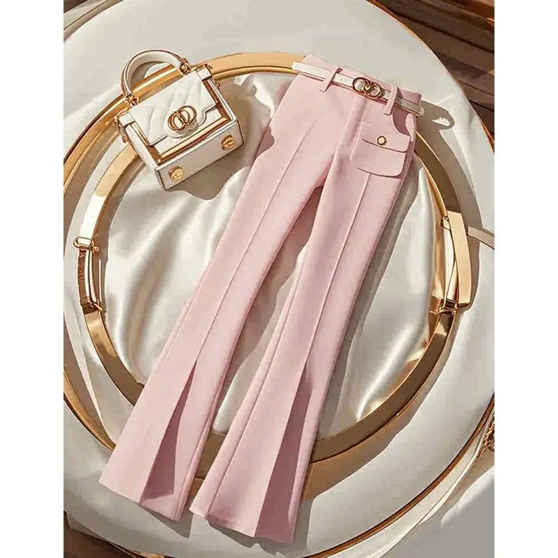 Spring Autumn Simplicity Office Lady Flare Women Fashion High Waist Appear Thin Wide Leg Trend Pink All-match Casual Trousers