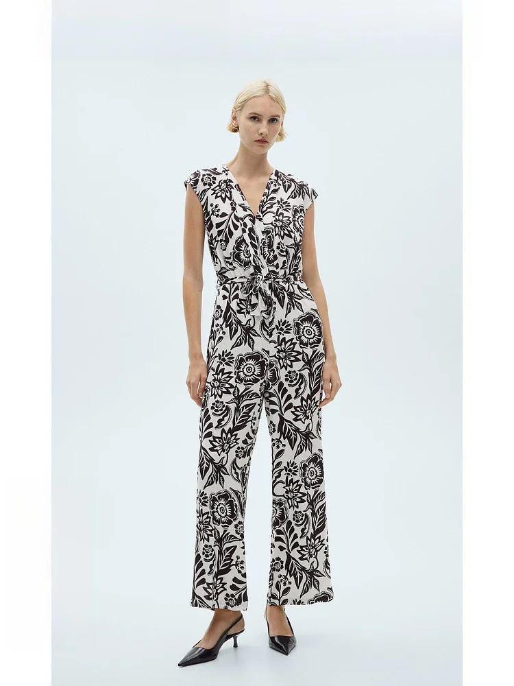 Traje de una Pieza para Mujer Mango, Primavera, Nuevo, Lino, Estampado Mixto, Cuello en V, Cintura Alta, Pantalones Largos, Cintura Alta, Cinturón, Pierna Recta