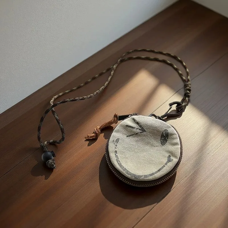 Vintage Washed Canvas Smiley Face Bag Unisex Military Style Key Holder & Coin Purse Crossbody Neck Hanging Mini Earphone Pouch