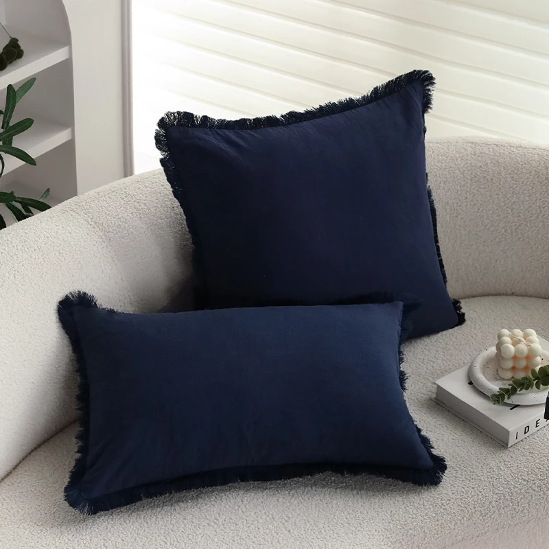 Cushion Cover Navy Blue Beard Edge Pillowcase Super Soft Decorative Pillowcase For Sofa Office Bedroom 30x50cm 45x45cm 50x50cm